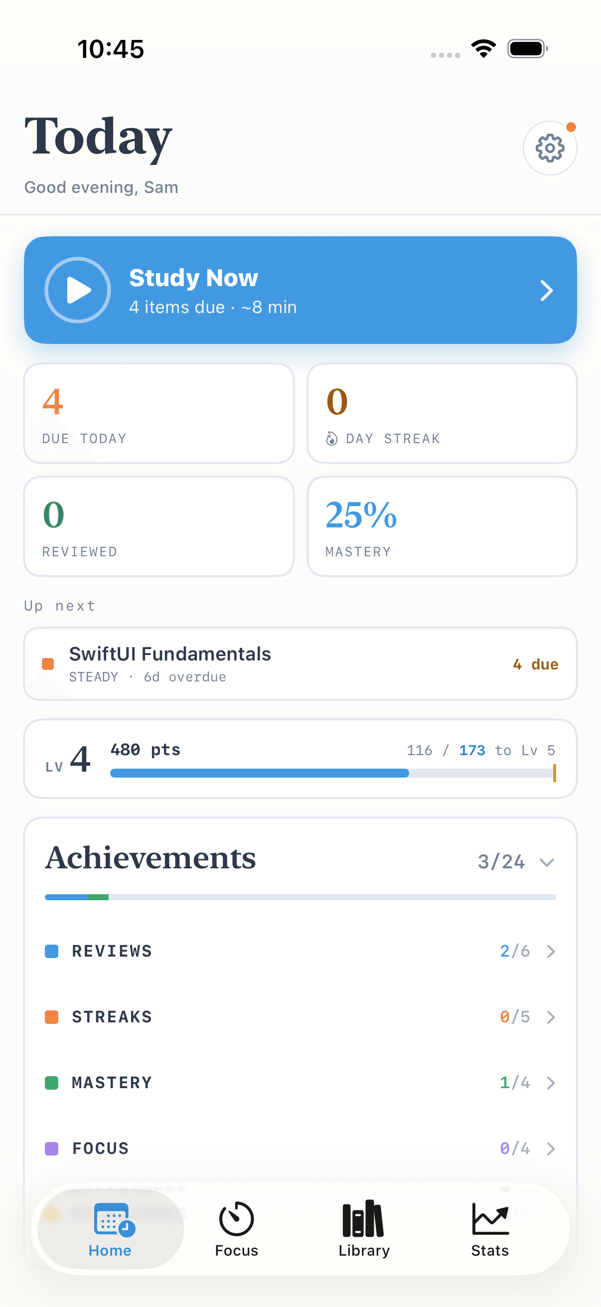 Retentive Today screen — items due with a Study Now button